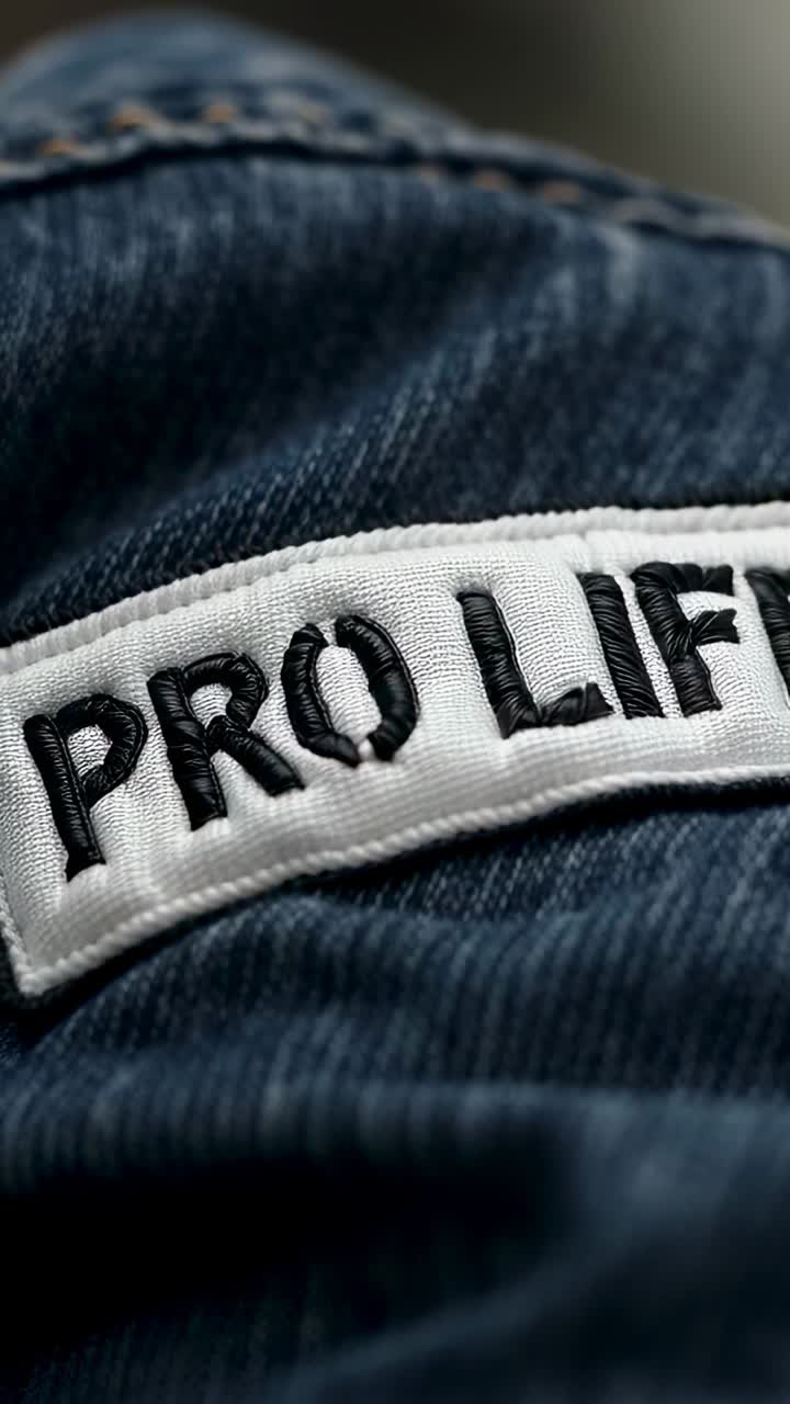 Vertical video: Shifting camera adjusting focus on white PRO LIFE patch on denim, clarifying text