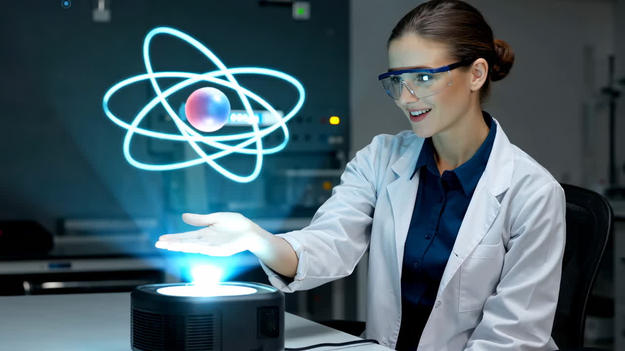 Woman Interacting with Holographic Atom Model in Lab