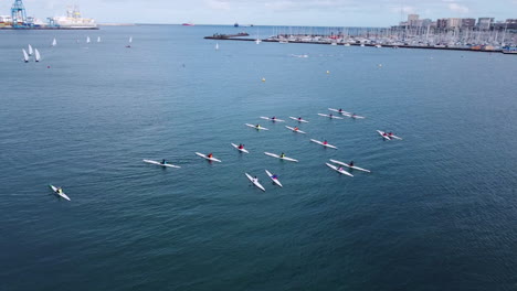 aerial shot over surf ski race in gran canaria