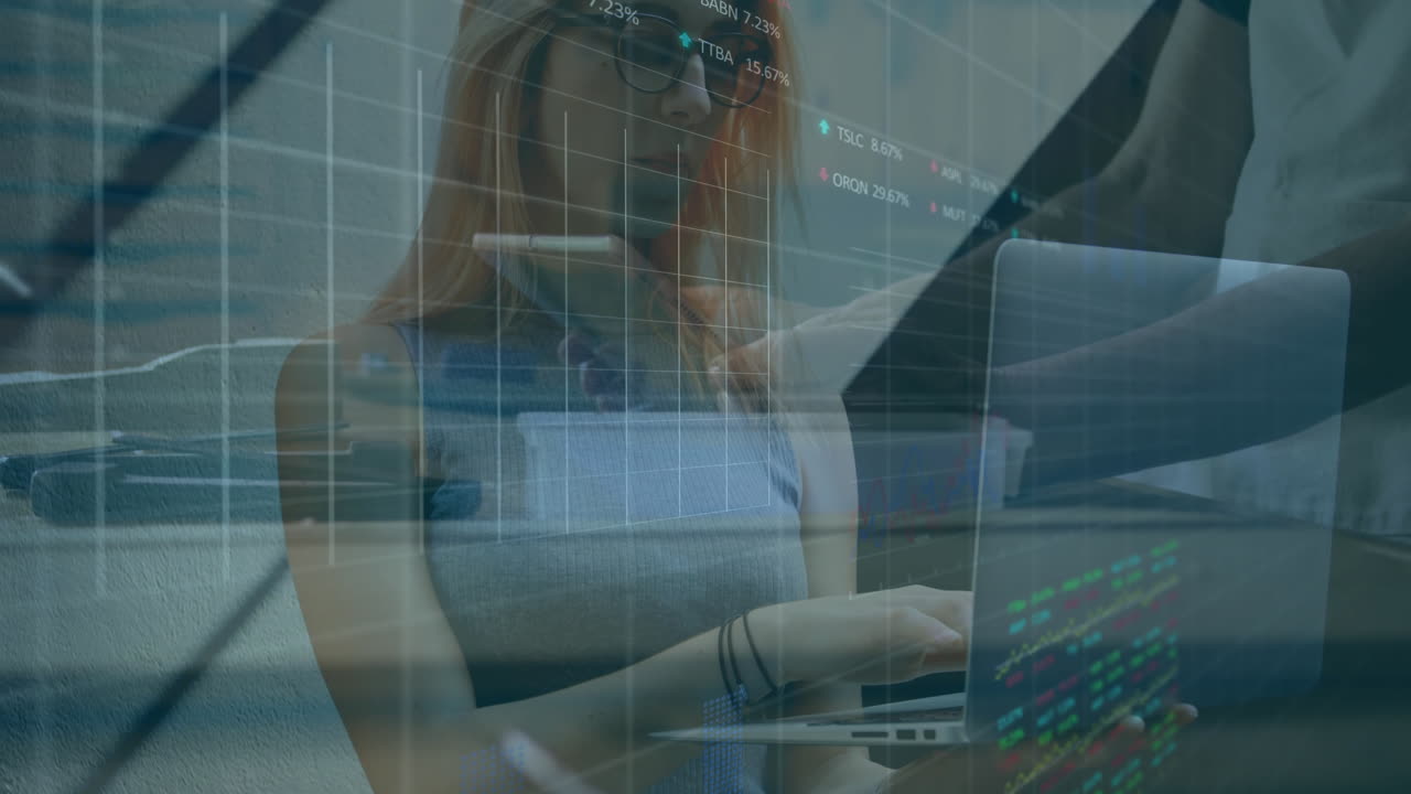 Businesswoman using laptop with stock market data and graphs overlay animation