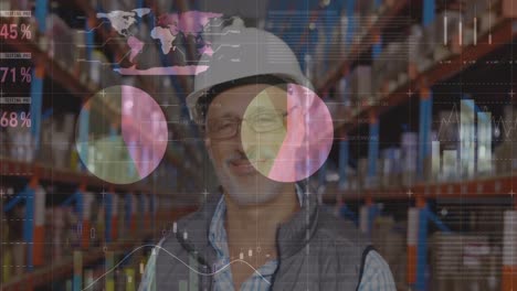 statistical data processing against portrait of senior male supervisor smiling at warehouse