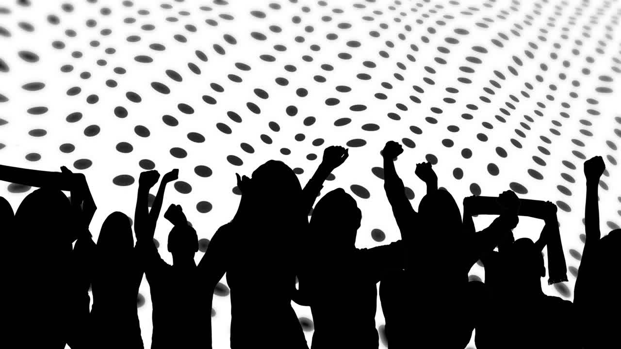 animación de siluetas de personas y puntos sobre fondo blanco