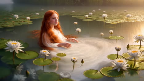 red-haired woman among water lilies at golden hour