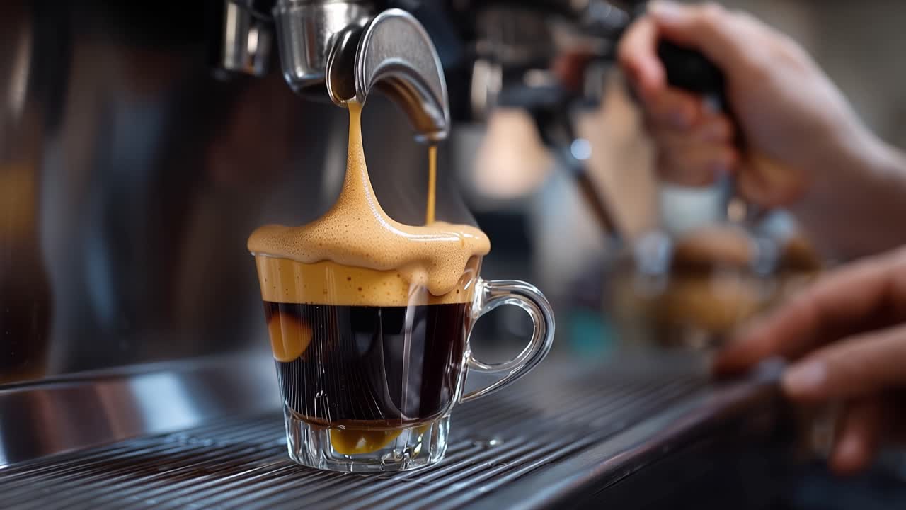 Rich espresso flows into a clear glass. Dark brew glistens under warm lighting. Hand gently holds the cup steady. Barista's care shines through the motion