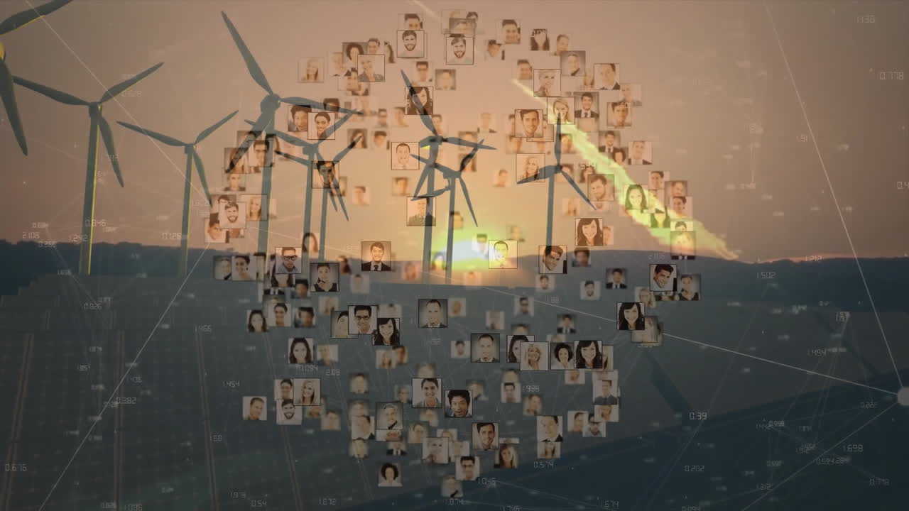 Designers overlaying network portraits onto wind farm sunset, highlighting renewable energy data