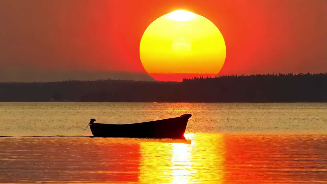 작은 배 를 타고 조용 한 호수 를 가로질러 해가 뜨는 것