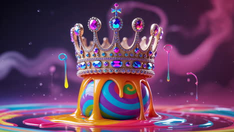 vibrant gemstone crown on a melting rainbow sphere