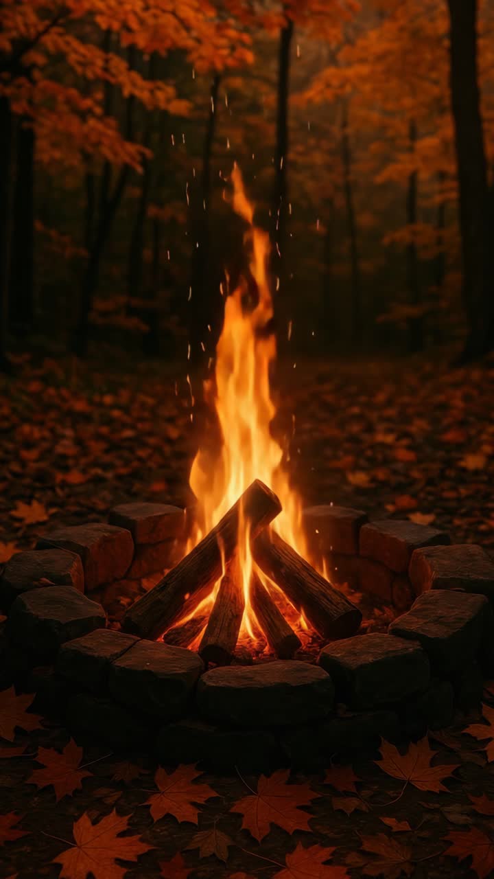 Warm campfire in a forest, surrounded by autumn leaves