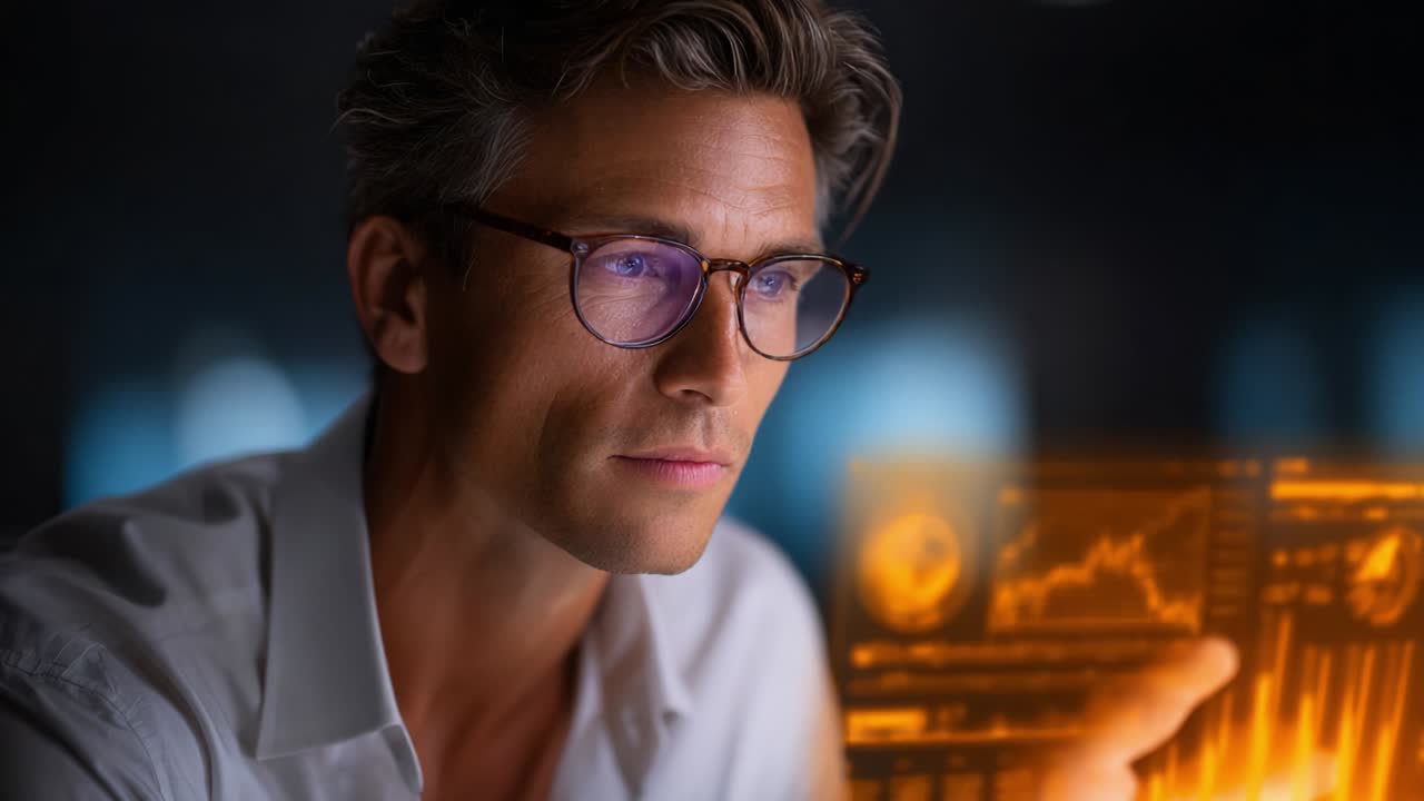 A focused professional analyzing complex data visualizations on a glowing screen, showcasing modern analytical techniques and deep engagement with digital information in a sleek workspace