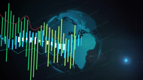 financial data analysis animation over rotating globe with bar and line graphs