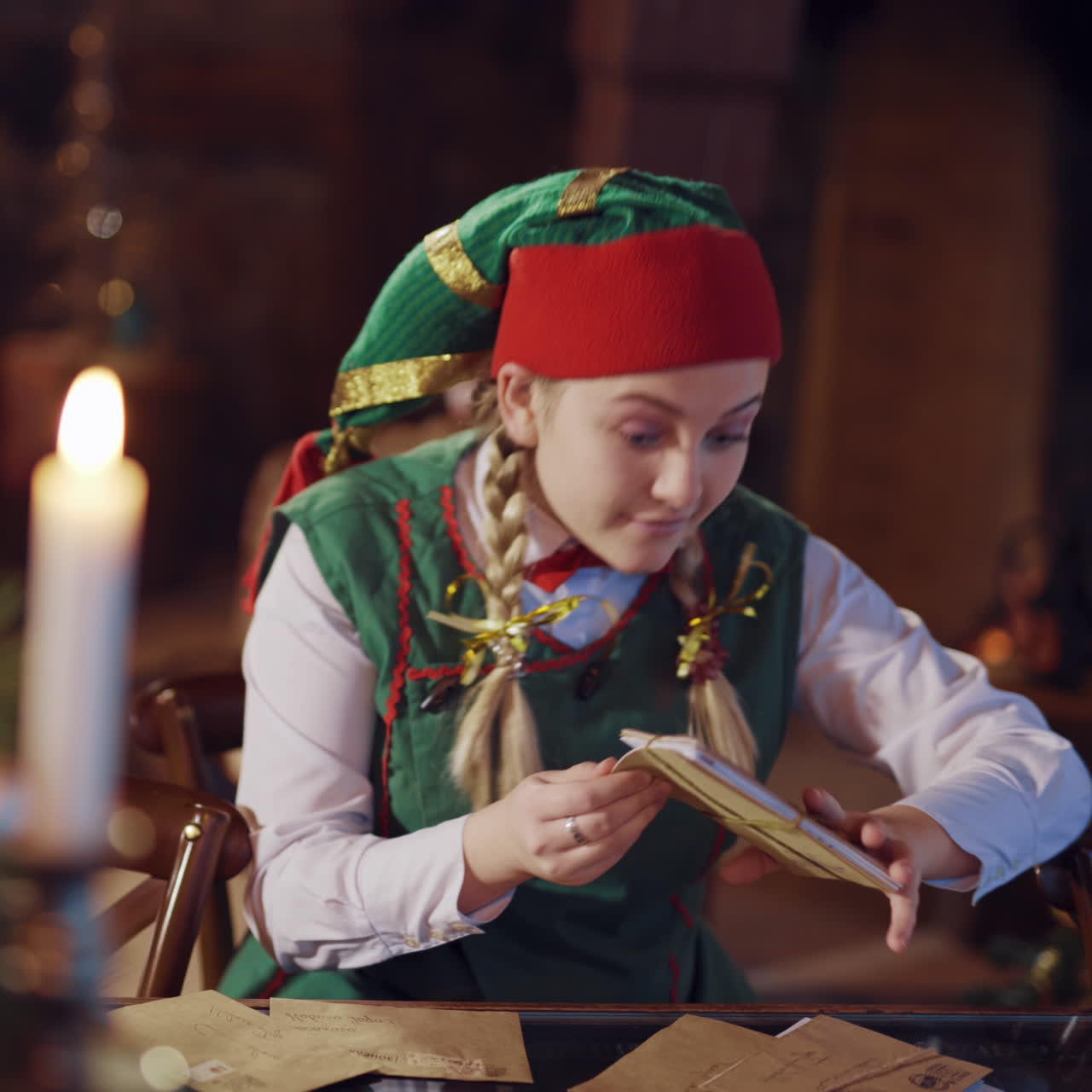 Lustiger Elf mit Umschlägen am Tisch vor festlichem Hintergrund. Fröhliche Elfin in grünem und rotem Kostüm betrachtet Umschläge für den Weihnachtsmann und tanzt glücklich.
