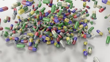 pills drugs capsules falling on white table counter top slow motion closeup 4k