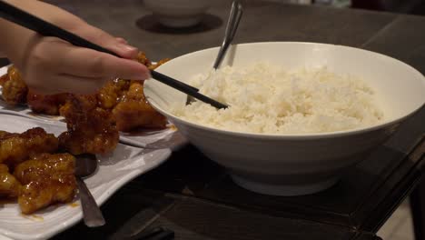 a plate of general tao with a big bowl of rice