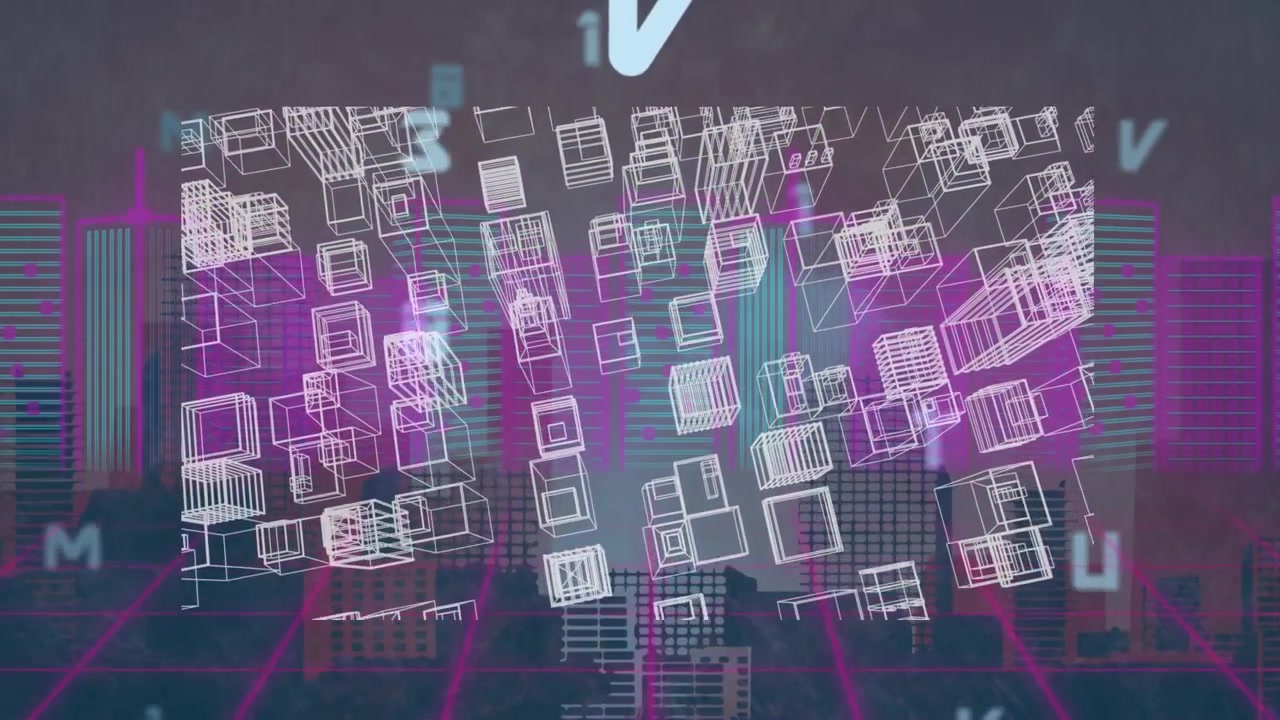 Animation of data processing and digital city over cityscape