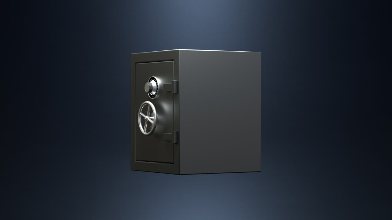 3D animation render of metallic safe deposit box rotating on dark background