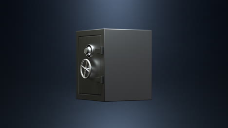 3d animation render of metallic safe deposit box rotating on dark background