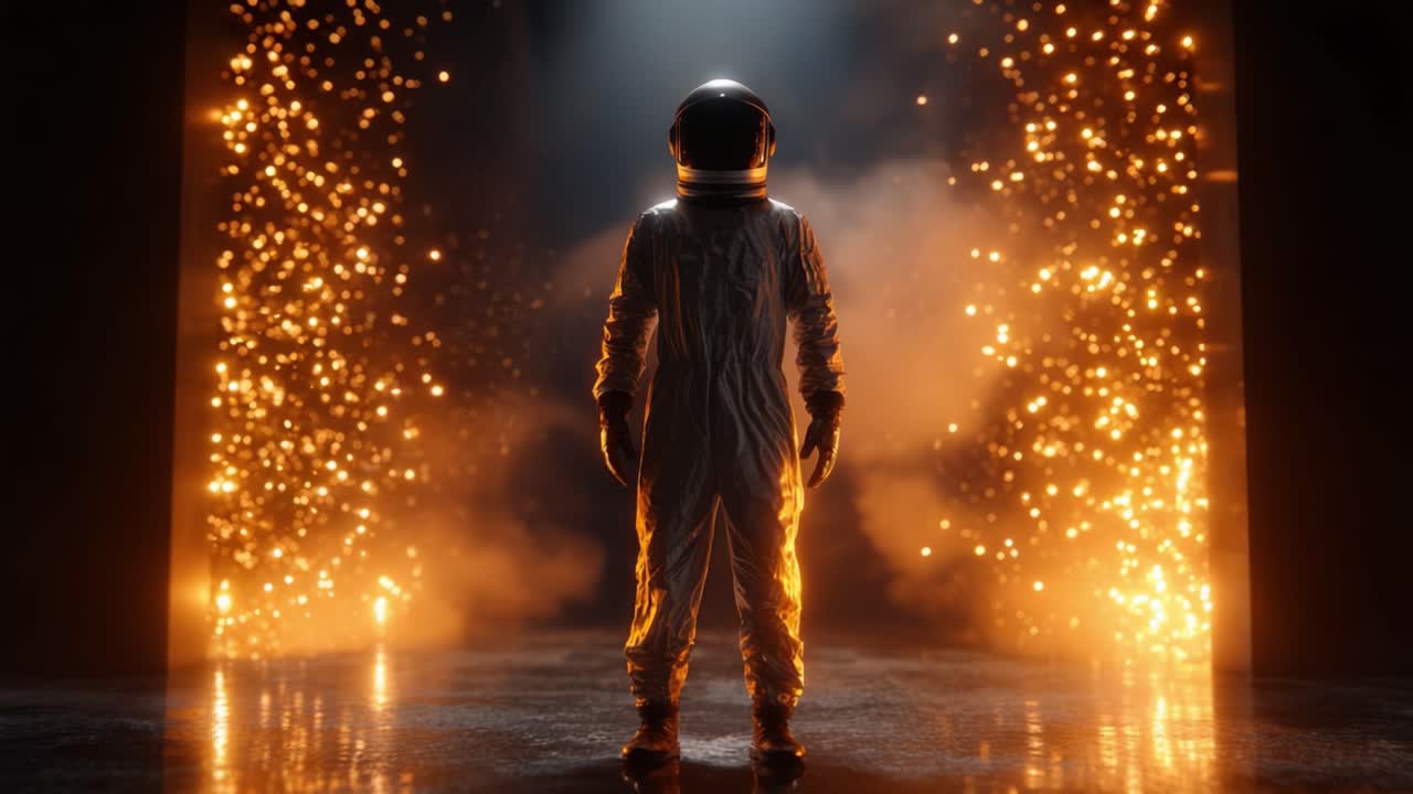 Ein Astronaut steht kühn inmitten eines schillernden Funkenspiels und Lichtern, den Geist der Erkundung verkörpernd in einem atemberaubenden visuellen Moment, der im Video festgehalten wurde