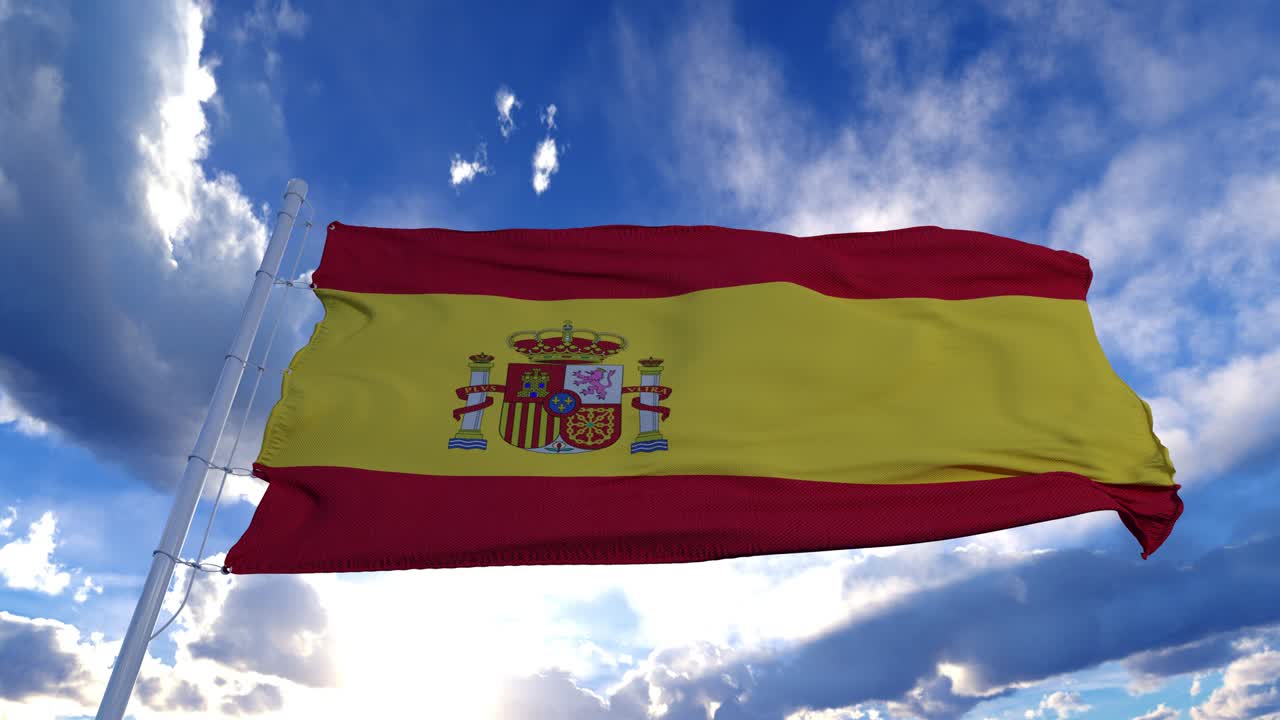 스페인의 현실적인 발이 파란 하늘과 함께 느리게 바람에 흔들리고 있습니다.