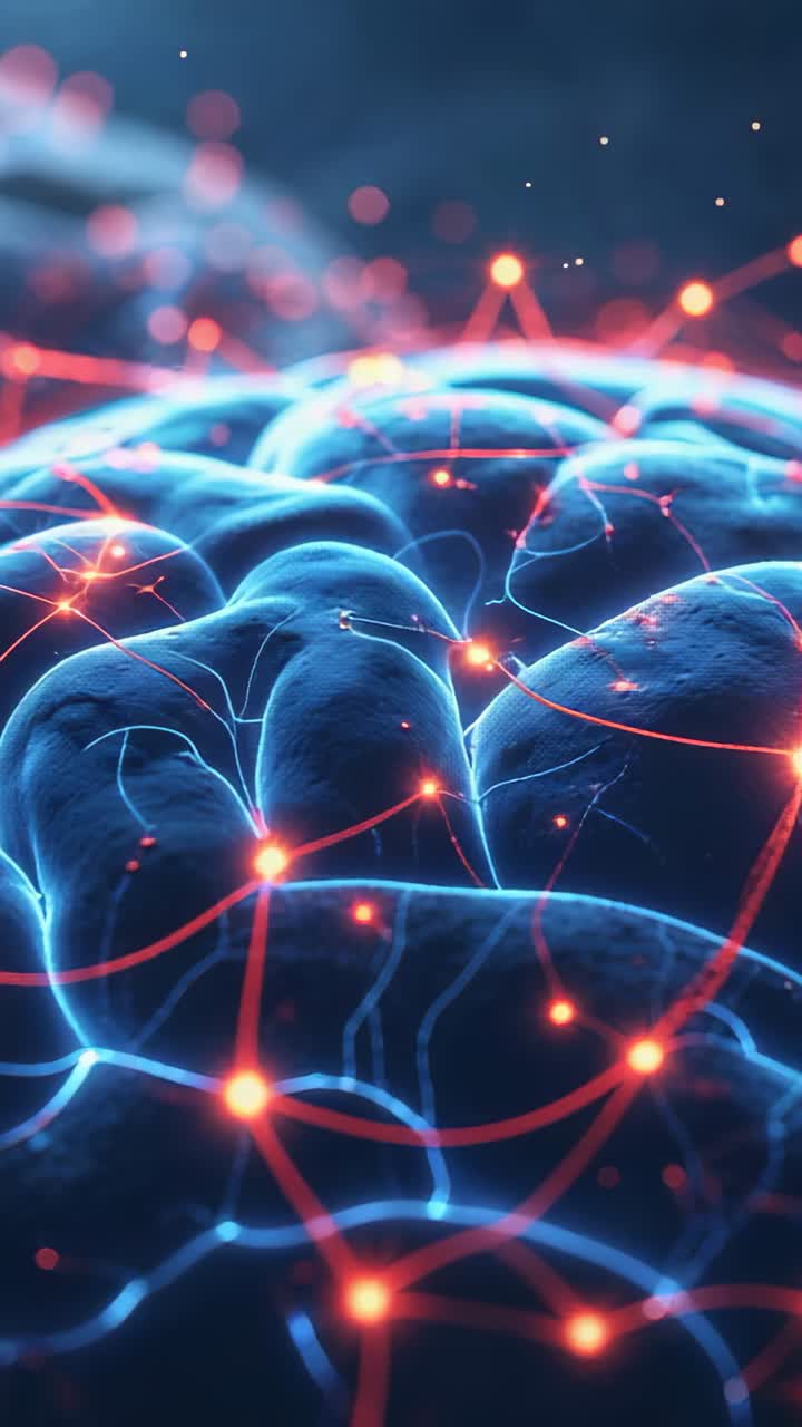 Vertical video: Network sparking pulses racing along cortical surface with blue wires and red nodes