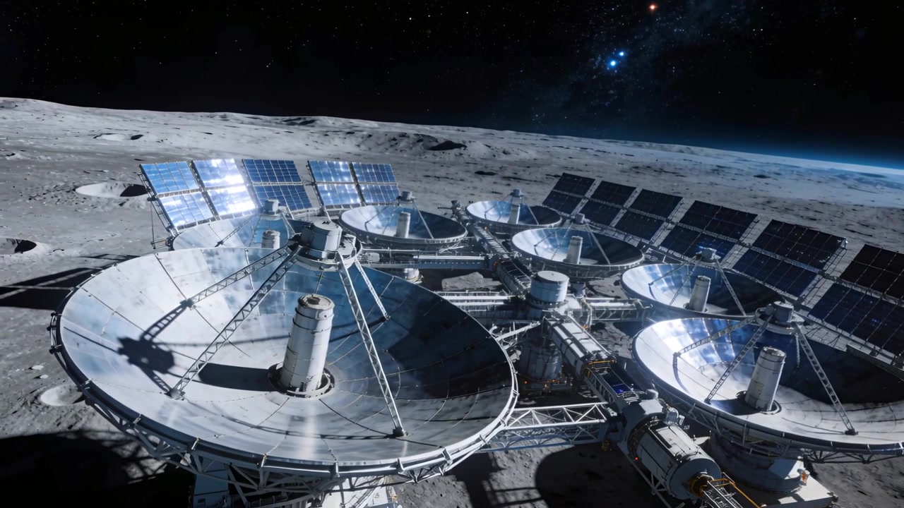 Câmera em movimento panorâmico revelando um conjunto de antenas parabólicas no regolito lunar, inspecionando painéis solares e treliça.