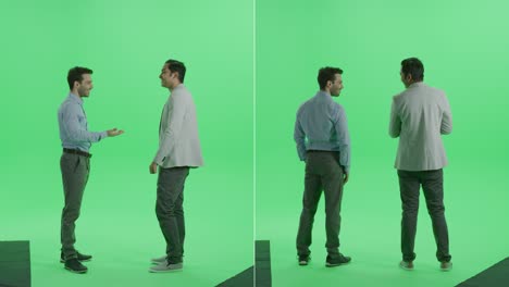 2-in-1 green screen collage: two diverse businessmen of different ethnicity, standing, talking, discussing business, doing financial consulting. multiple angle best value package: side, front views