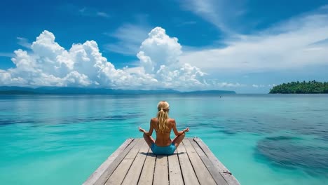 a woman sitting on a dock meditating on the water