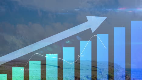 animation of bar graph with upward arrow and line chart over landscape