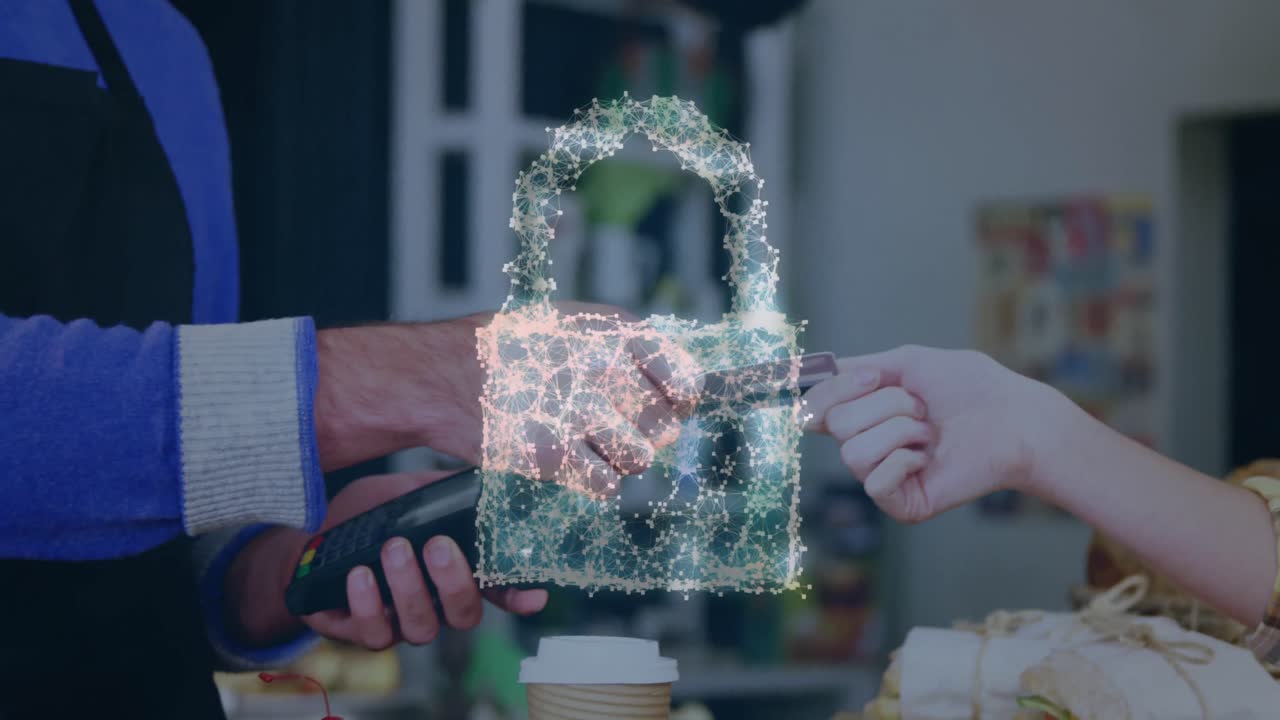 animación del candado de seguridad de la red sobre las personas que utilizan el terminal de pago