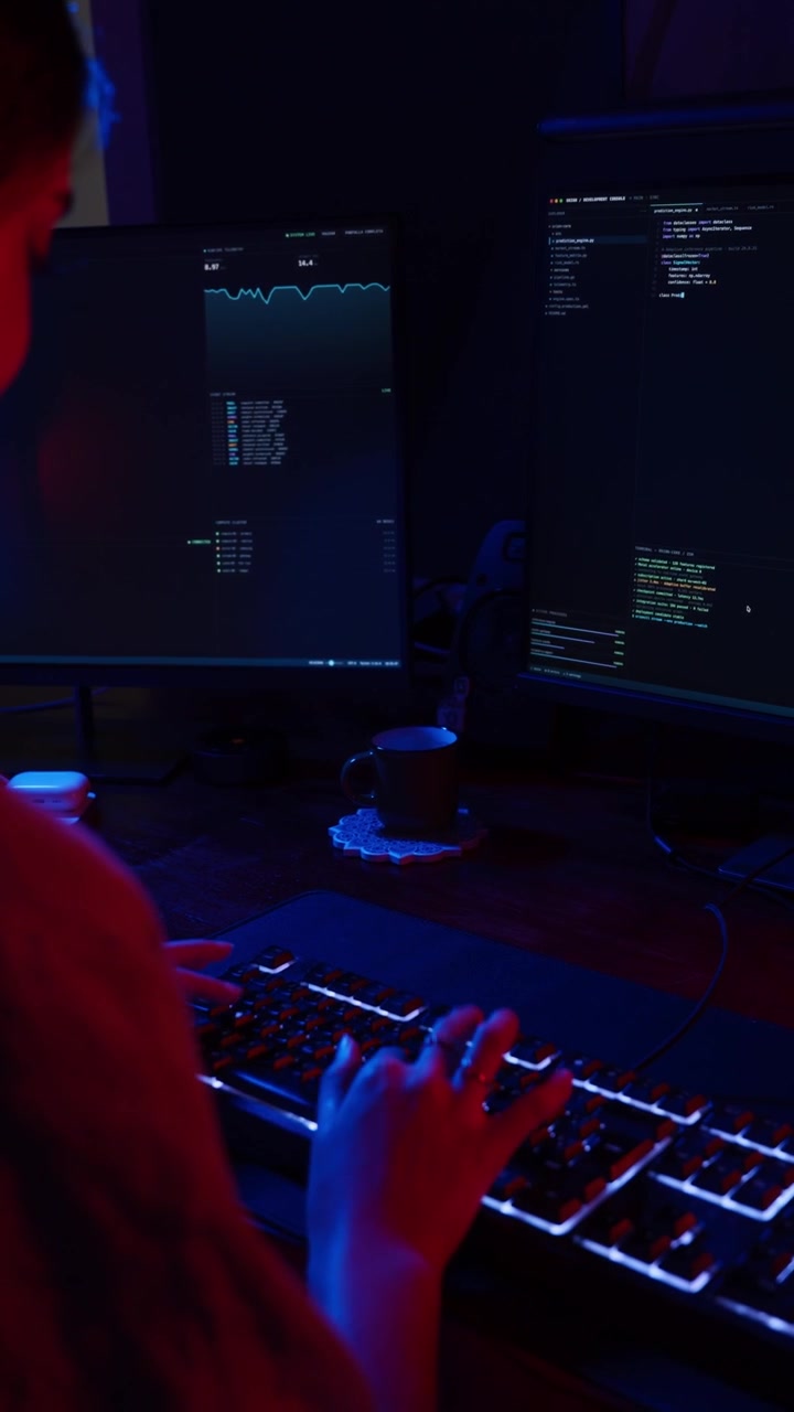 Female Software Developer Coding on Computer in Dark Office