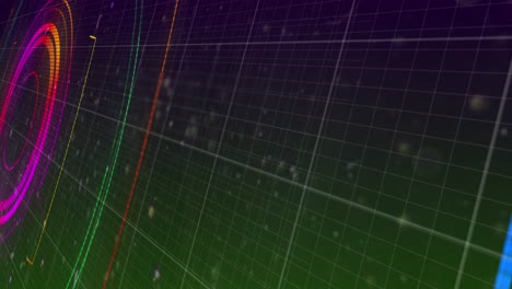 Animation-Eines-Leuchtenden,-Mehrfarbigen-Zielfernrohrscans-Mit-Markierungen-Auf-Einem-Gitterhintergrund