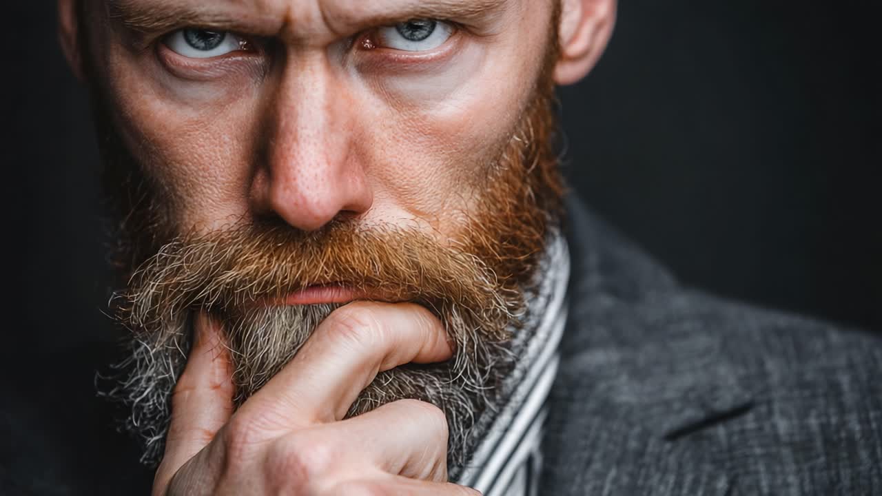 Intense Portrait of a Thoughtful Man with a Full Beard, Deep Blue Eyes, and Sharp Features, Pondering in a Dark Setting, Conveying Strong Emotions and Depth