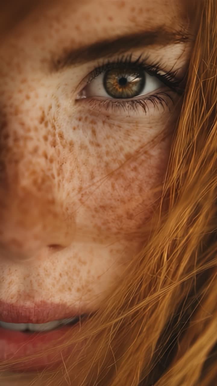 Un ritratto ravvicinato che cattura i dettagli intricati della pelle lentigginosa e degli occhi ipnotici, evidenziando la bellezza naturale e i tratti espressivi.