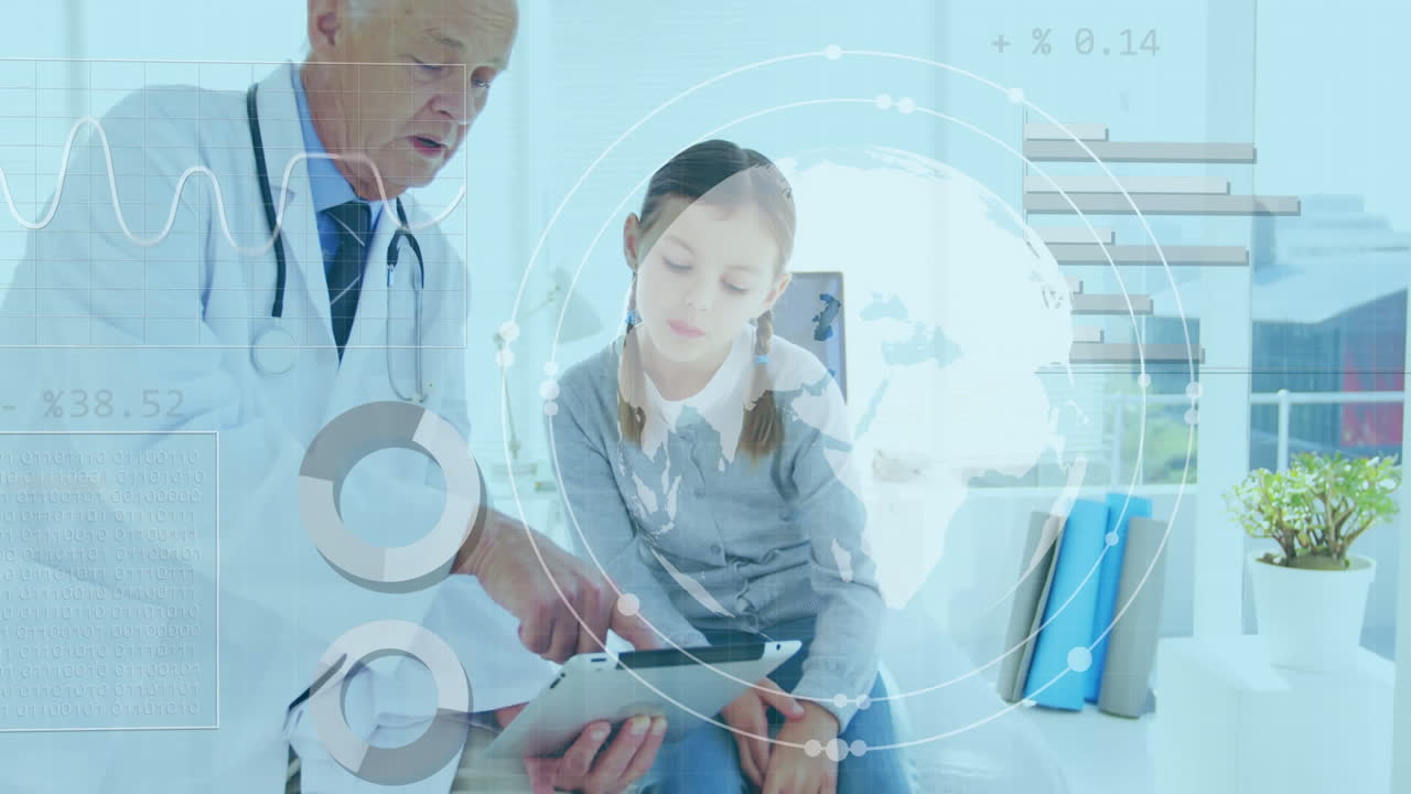 백인 남성 수석 의사와 병원에서 태블릿을 사용하는 소녀에 대한 데이터 처리의 애니메이션