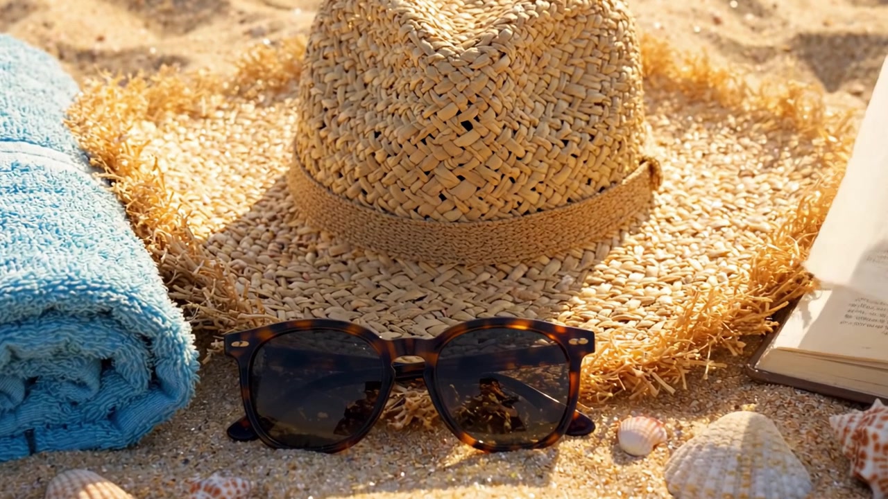 Een Perfecte Dag op het Strand: Essentiële Ontspanningsbenodigdheden Inclusief een Strohoed, Zonnebril, Handdoek en Schelpen op Warm Zand Onder Felle Zonneschijn