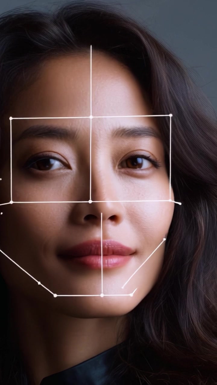A Close-Up View of a Woman's Facial Features with Digital Overlay, Highlighting Beauty and Precision through Facial Mapping Technology in Portrait Style