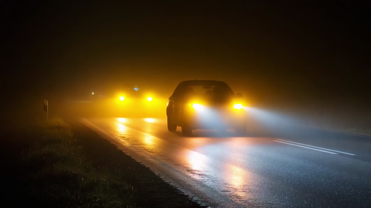 A solitary car navigates a foggy road at night, with its headlights piercing through the dense mist, creating an atmospheric scene filled with mystery and intrigue as the vehicle moves forward