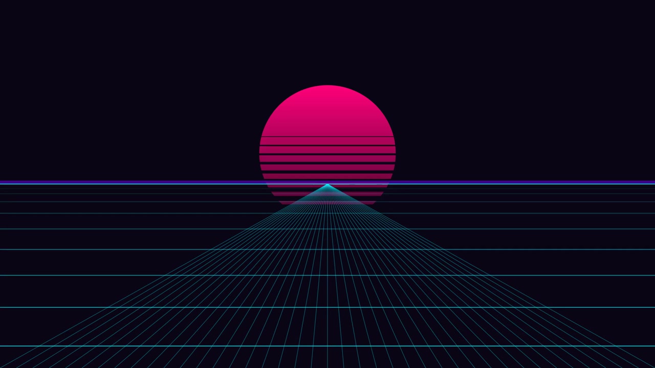 Paesaggio a griglia in stile retro synthwave con sole rosa luminoso