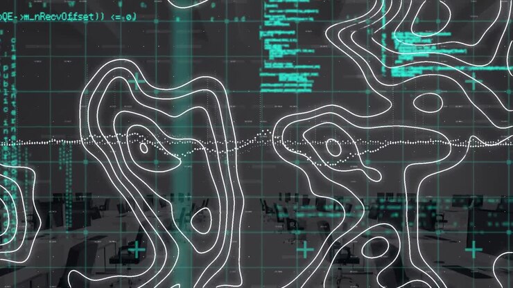Animation of data processing and shapes moving over office