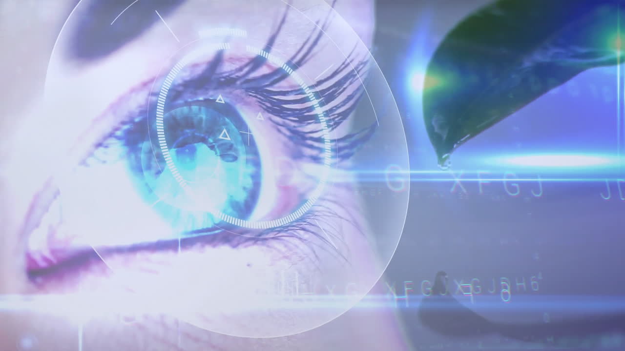 Animation overlay on eye with green leaf, creating futuristic digital interface