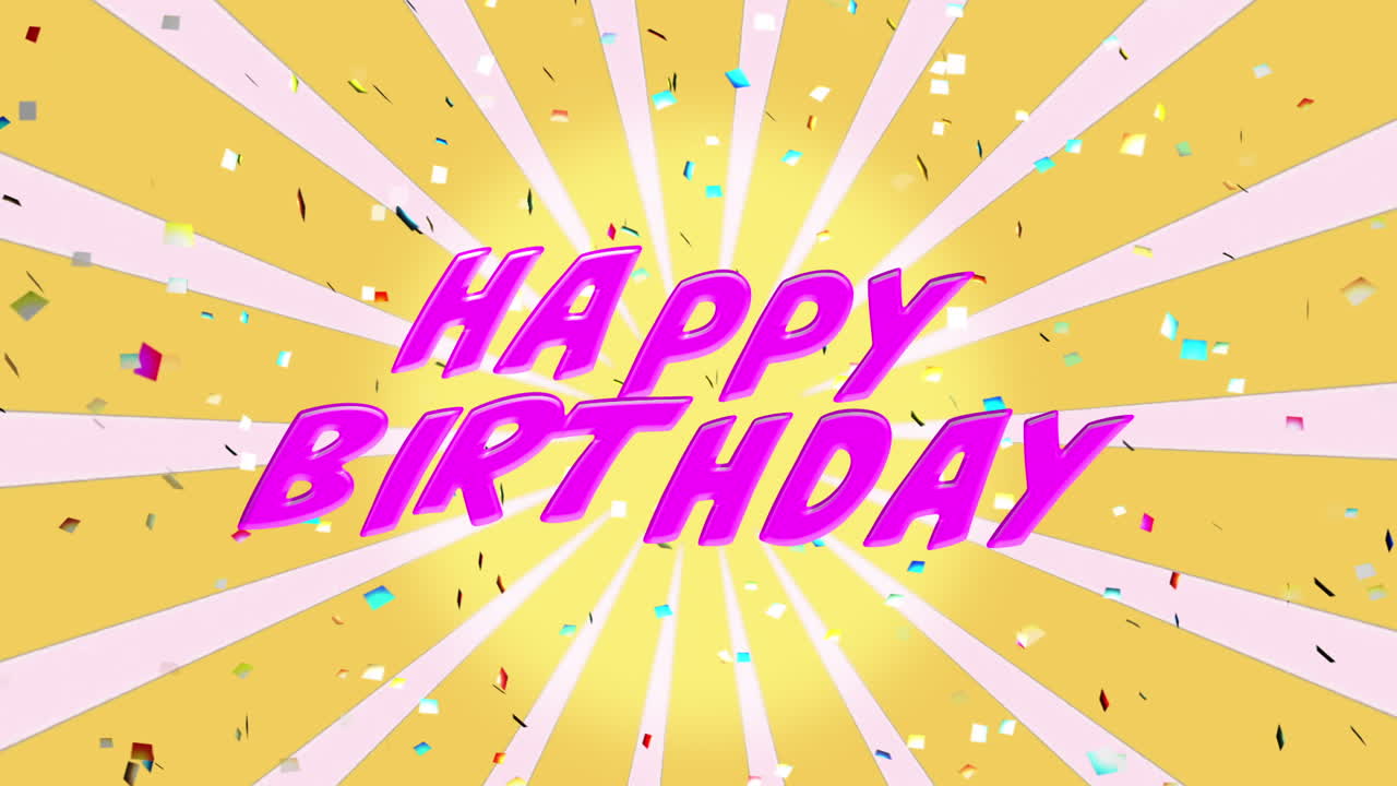 회전하는 노란색과  ⁇ 색 줄무 ⁇ 에 쓰여진 생일 축하