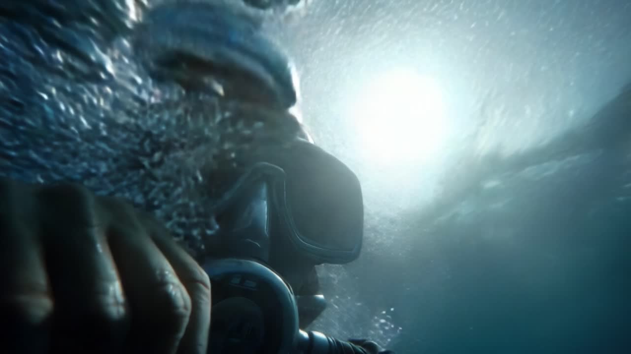 An Underwater Adventure: Capturing the Thrilling Moments of Scuba Diving Through the Eyes of a Diver, as Light Dances on the Water Surface and Bubbles Erupt Around in a World of Aquatic Wonder