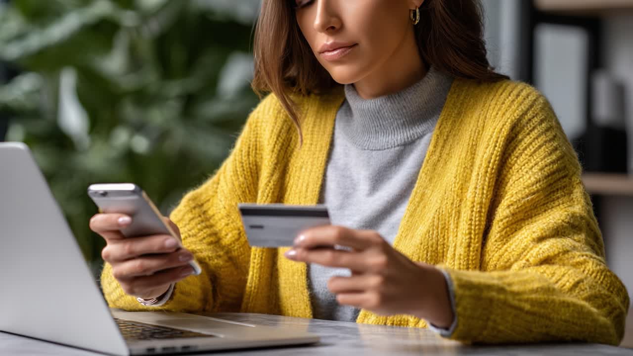 A woman dressed in a cozy yellow cardigan is engaged in online shopping, holding a credit card in one hand and a smartphone in the other while sitting at a desk