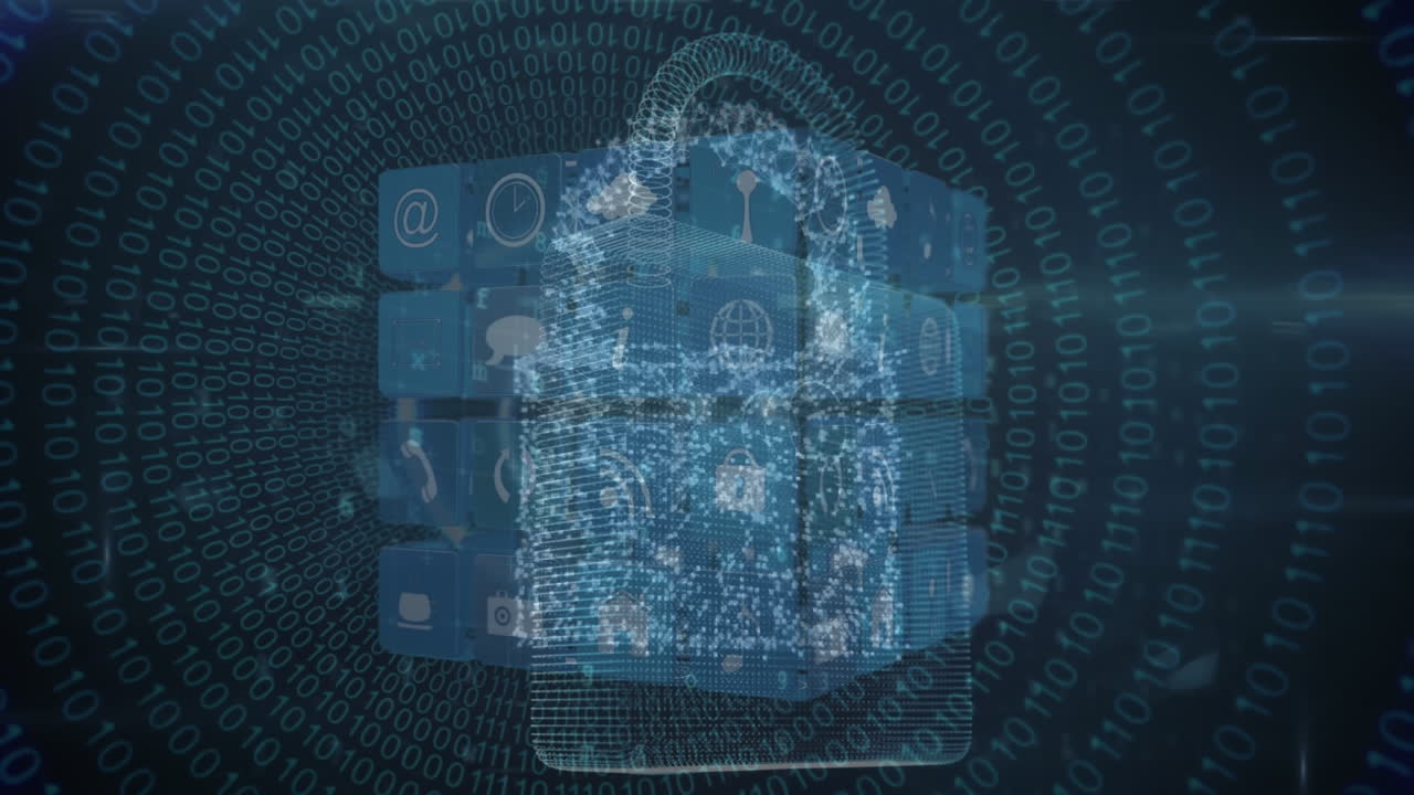 Animation of digital padlock over black background with cube made of icons and pulsating circles