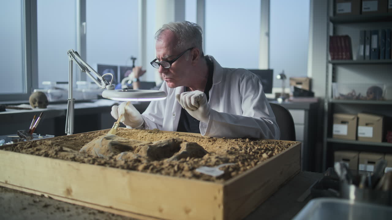 paleontólogo examinando el fósil