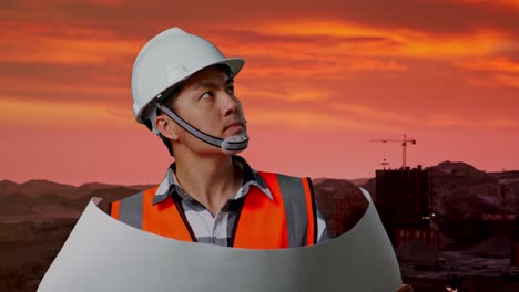 ingeniero revisando planos en un sitio de construcción al atardecer