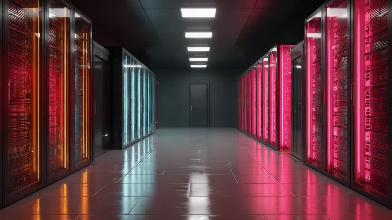 A Modern Data Center Featuring High-Tech Server Racks with Vibrant LED Lighting, Showcasing a Sleek Corridor and Advanced Technology in a Futuristic Environment