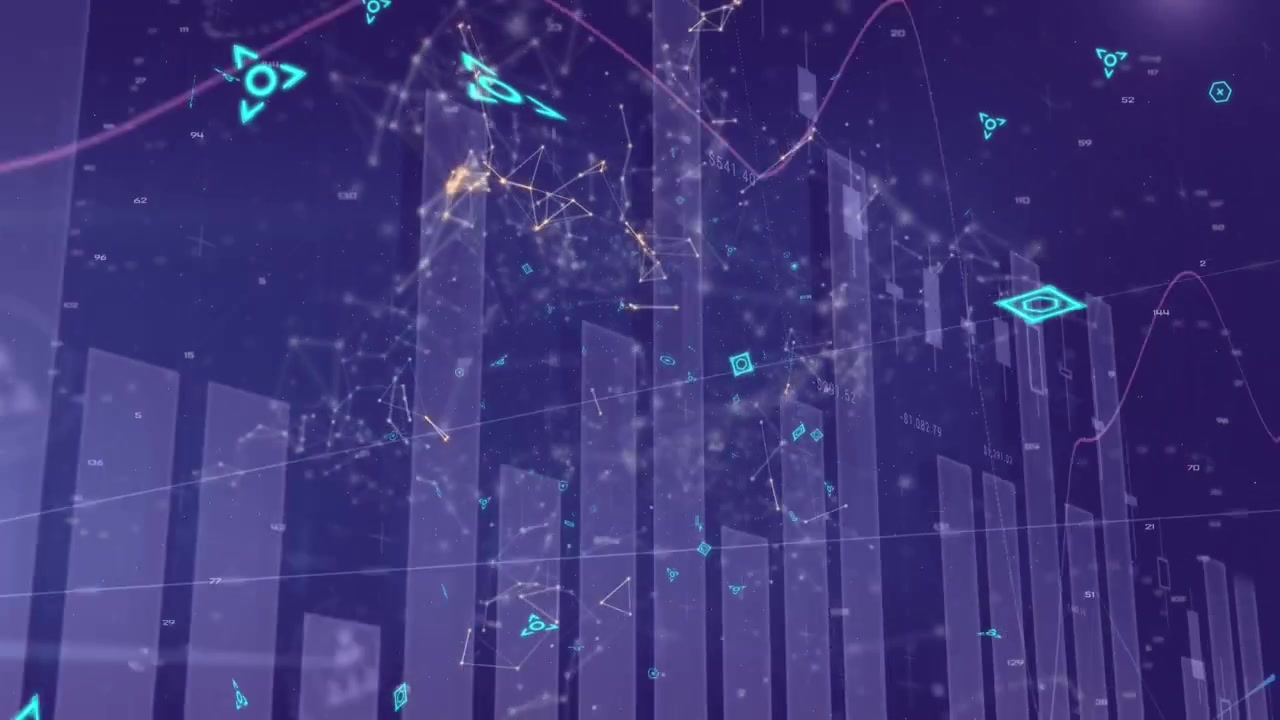 Animazione di una rete di icone di profilo e elaborazione dati statistici su sfondo blu.