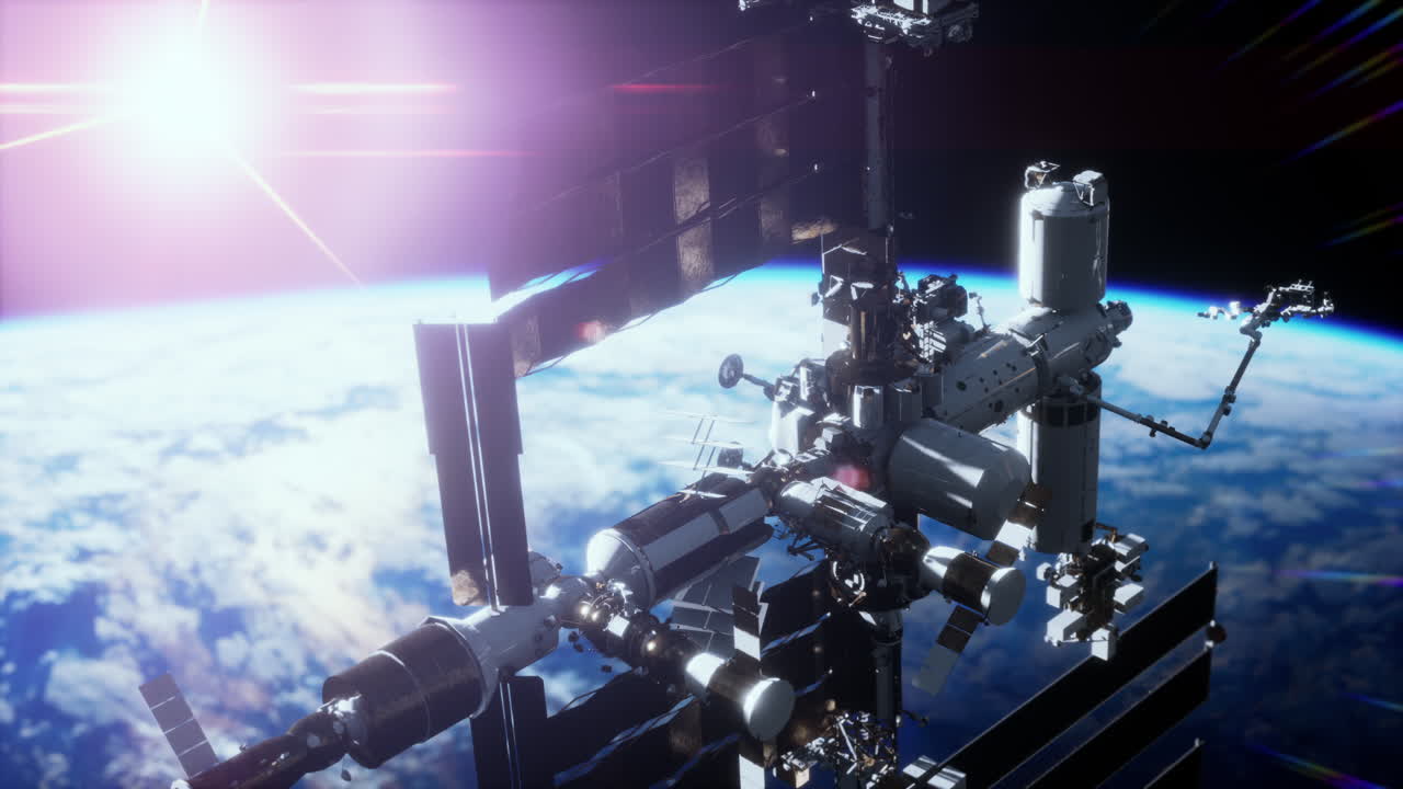 вид на землю и международная космическая станция находится на орбите земли