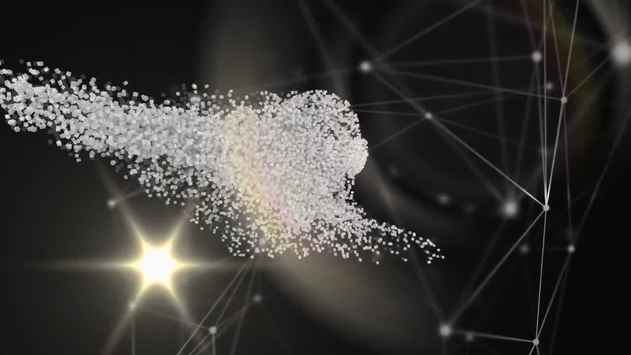 인간의 머리 모델에 대한 연결 네트워크를 통해 움직이는 빛의 점의 애니메이션.