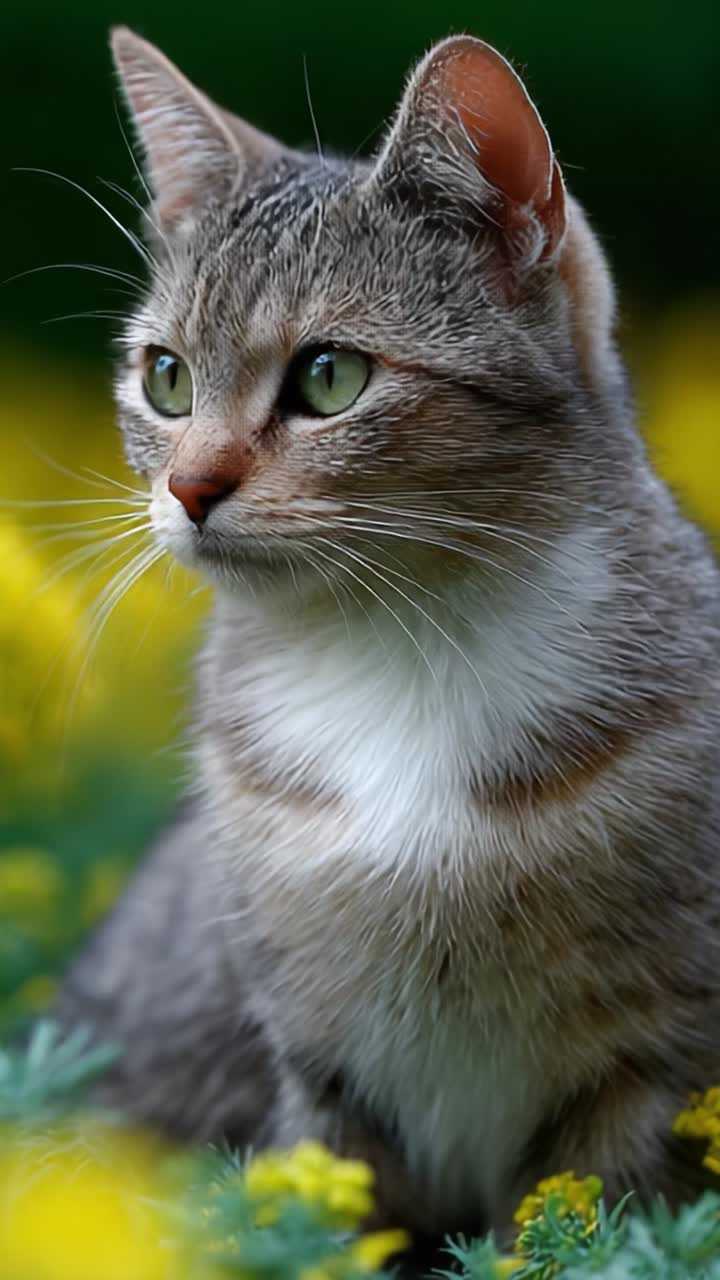 A Beautiful Cat in a Flower Field: Captivating Portraits of a Playful Feline Amidst Vibrant Yellow Flowers, Showcasing Nature's Charm and Serenity